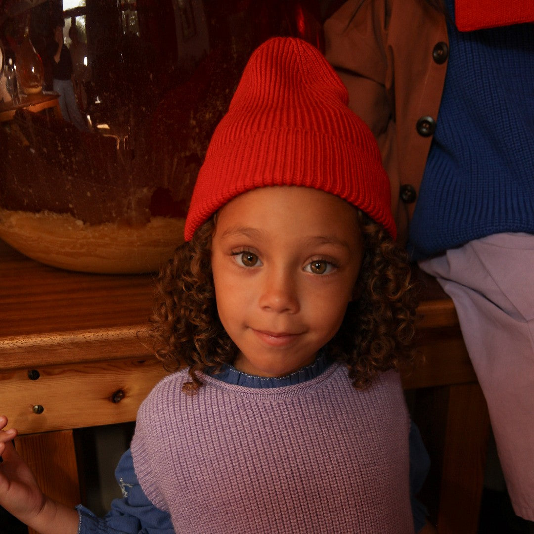 Hvid Beanie Fonzie Kids Red