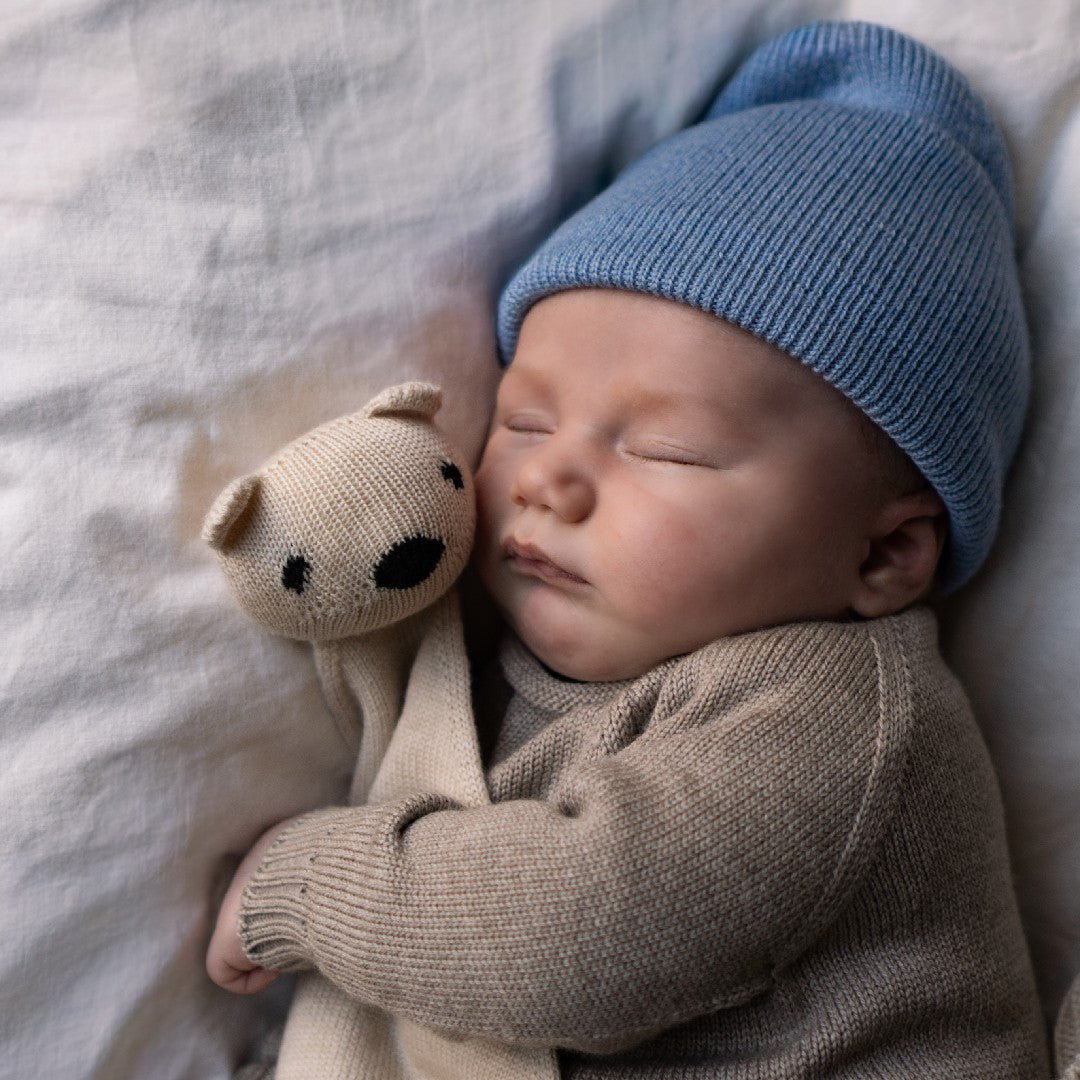 Hvid Beanie Fonzie Newborn Light Blue