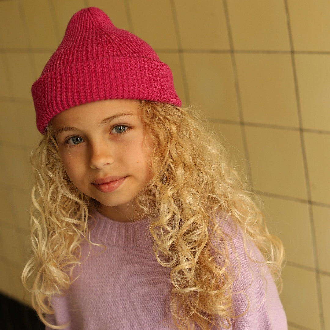 Hvid Beanie Fonzie Kids Fuchsia